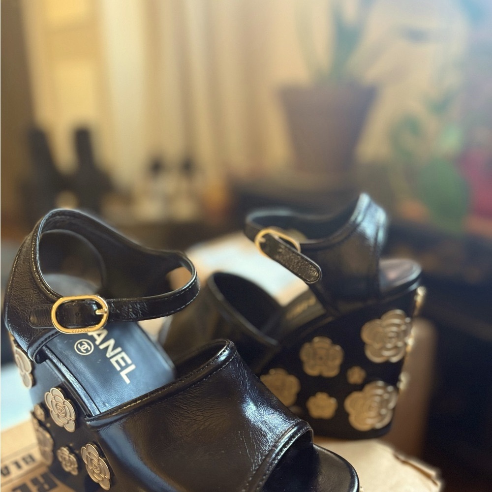 Chanel Black Wedge Sandals